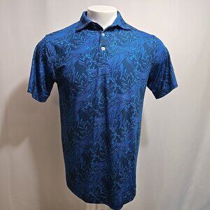 Waggle Golf Polo Shirt Mens Size Medium Whale Blue All Over Print Stretch